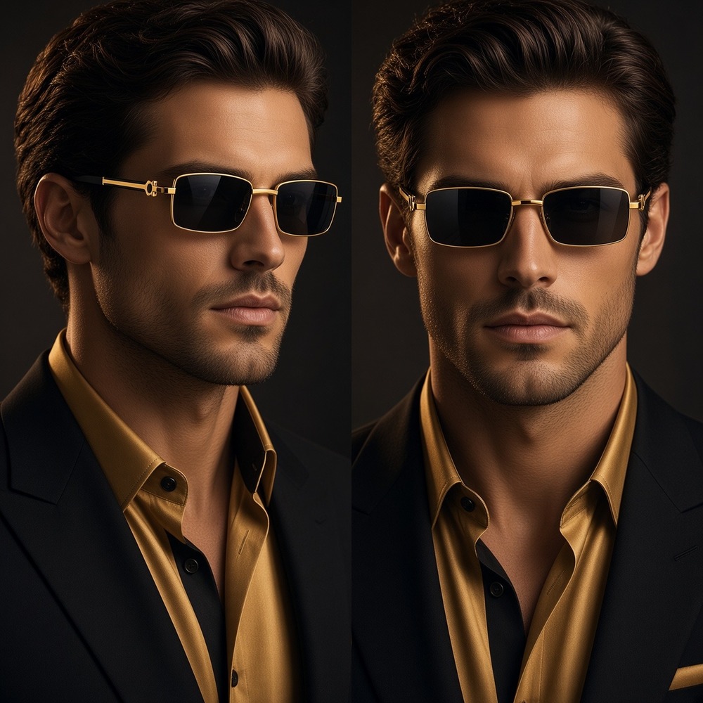 Mens Gold Frame Rectangle Sunglasses Fashion Modern Style Sun Glasses Shades New